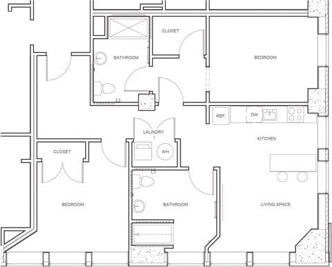 Floor plan for 2 beds, 2 baths, 1025 sqft